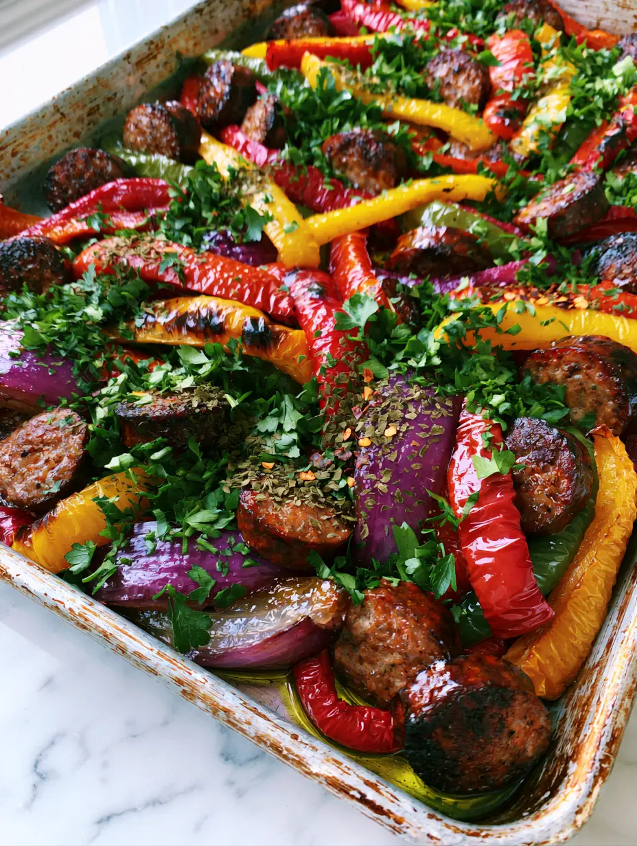 Overhead view of glistening Italian sausage coins and thick strips of red, yellow, and green bell peppers on a sheet pan. (sausage and peppers recipe)