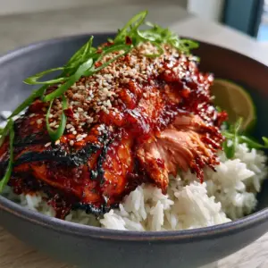 Close-up handheld photo of bubbling gochujang honey glazed salmon with sesame seeds and scallions. (gochujang honey glazed salmon)
