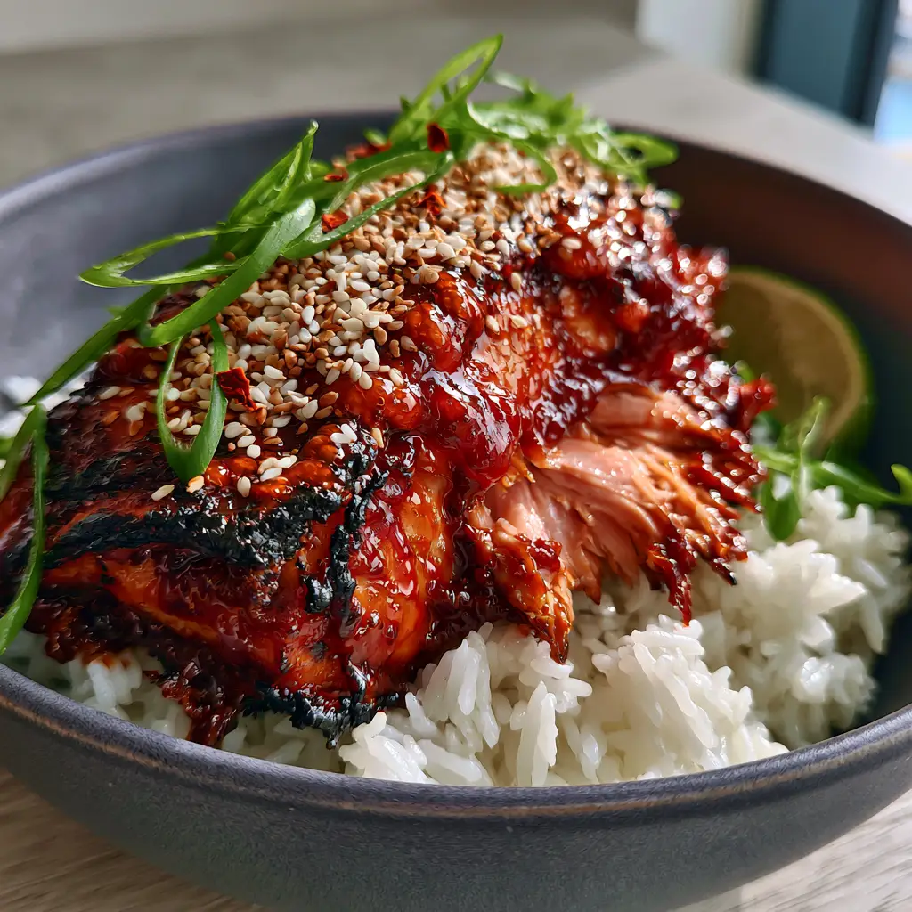 Close-up handheld photo of bubbling gochujang honey glazed salmon with sesame seeds and scallions. (gochujang honey glazed salmon)