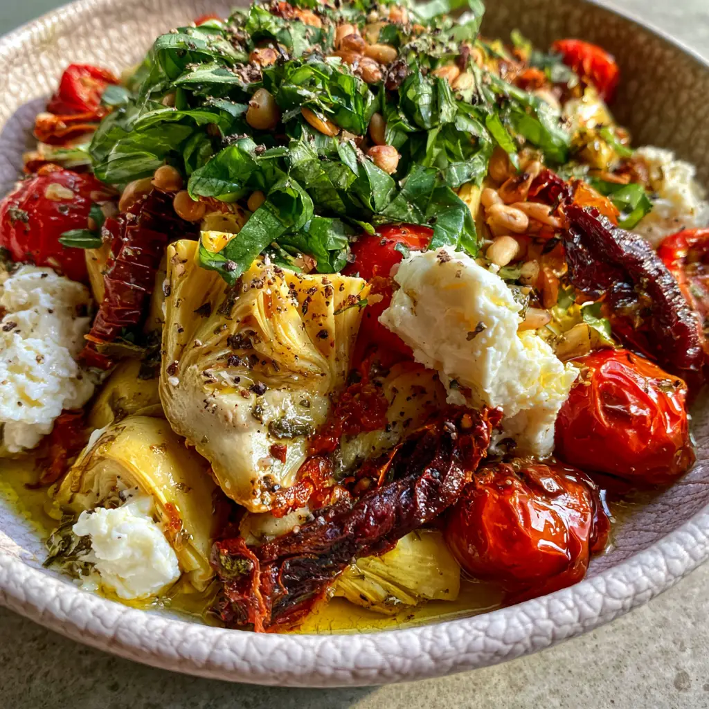 A forest of fresh basil ribbons and toasted pine nuts topping a Tuscan artichoke tomato salad.