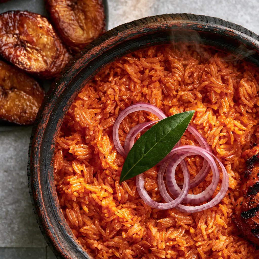 Close up of Nigerian Jollof Rice with caramelized golden-brown fried plantains and a char-grilled chicken drumstick on a stone background.
