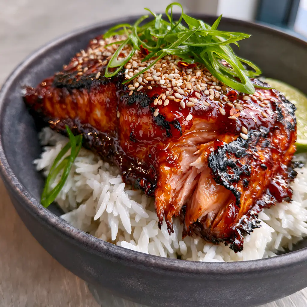 Succulent pink salmon meat flaking open under a glistening red-orange gochujang glaze.