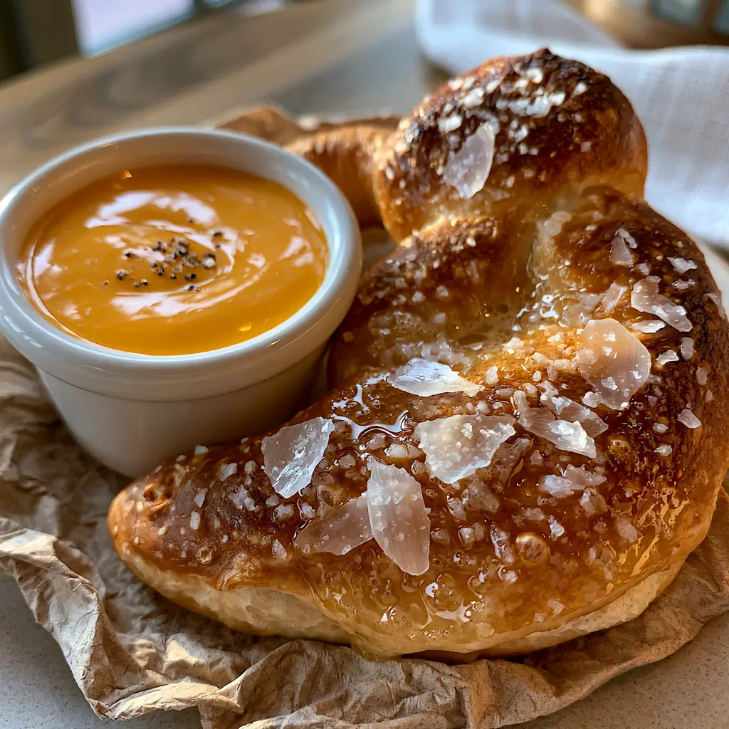 Close up of a buttery Mickey-shaped soft pretzel on rustic parchment paper with sea salt flakes. (Disney inspired food)