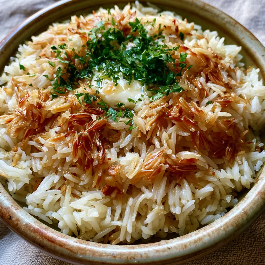 Rice Pilaf Recipe: The Ultimate Garlic Butter and Toasted Orzo Side Dish 1 Top down view of rice pilaf featuring a melting pat of butter and fresh green parsley (rice pilaf recipe)