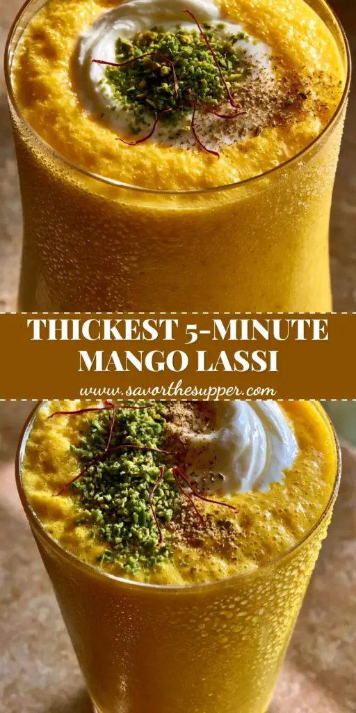 A tall, chilled glass of thick mango lassi with a yogurt swirl, green pistachios, and saffron threads on a stone background. (mango lassi)