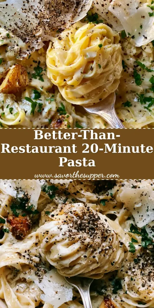 A handheld smartphone photo looking down into a rustic cream pot filled with glossy 20-minute pasta, garnished with parsley and parmesan.