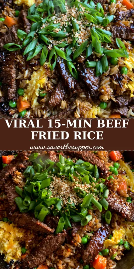 A top-down macro shot of restaurant-style beef fried rice in a carbon steel wok with seared flank steak and golden jasmine rice. (beef fried rice)