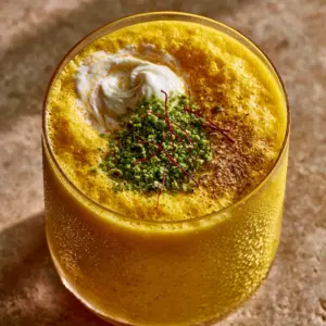 Extreme close-up of a vibrant yellow mango lassi with frothy texture and condensation on the glass. (mango lassi)