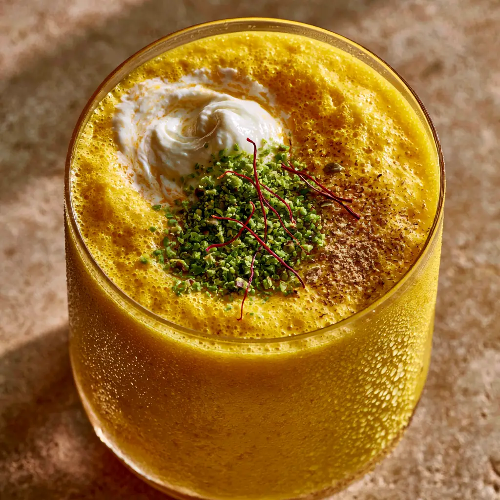 Extreme close-up of a vibrant yellow mango lassi with frothy texture and condensation on the glass. (mango lassi)