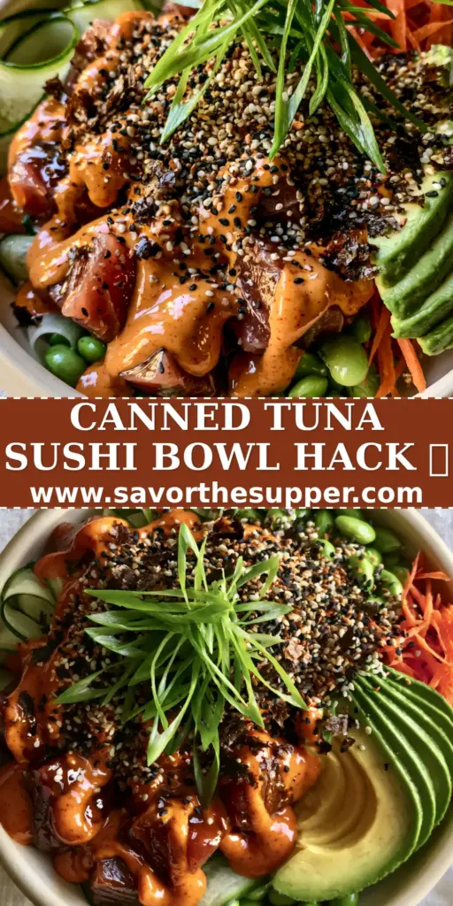 A macro overhead shot of a gourmet tuna avocado bowl featuring flaky tuna, sriracha aioli, and a flawless avocado fan in a ceramic bowl.