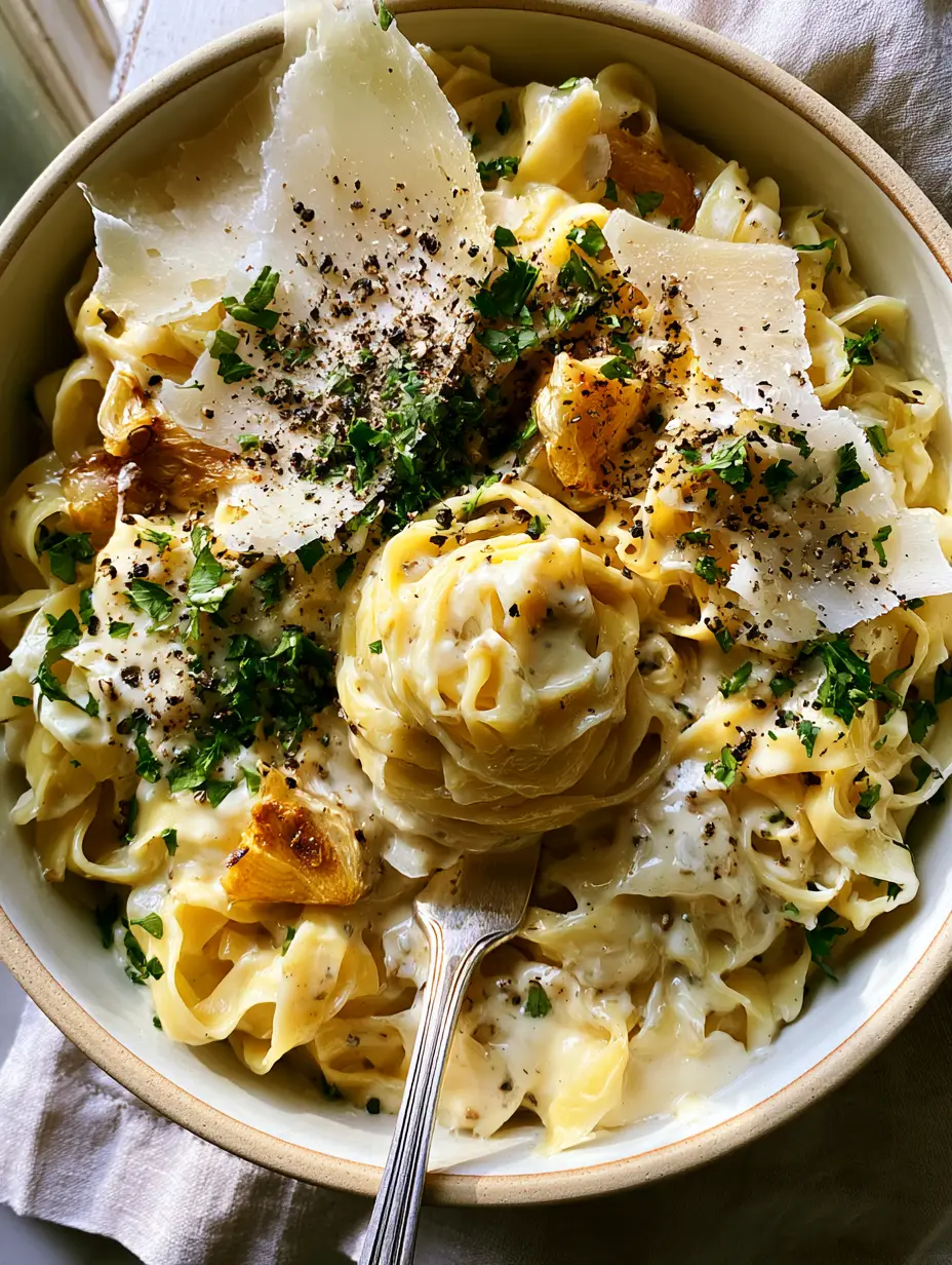 Close-up of a silver fork twirling wide fettuccine ribbons in a 20-minute pasta with ivory cream sauce.