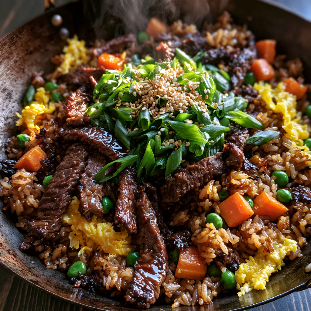 Macro shot of individual golden jasmine rice grains and glistening soy-glazed beef in a dark wok. (beef fried rice)