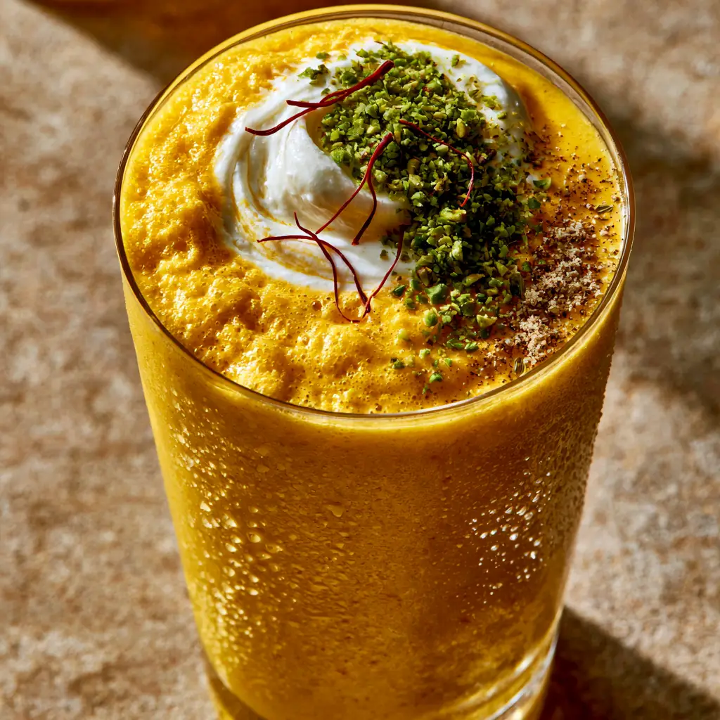 Top view of mango lassi garnished with crushed green pistachios, cardamom, and red saffron threads.