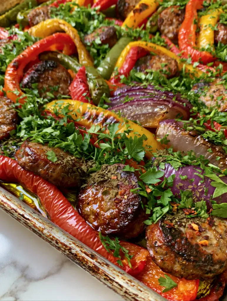 Handheld photo of caramelized red onion wedges and blistered yellow peppers on an aluminum tray. (sausage and peppers recipe)