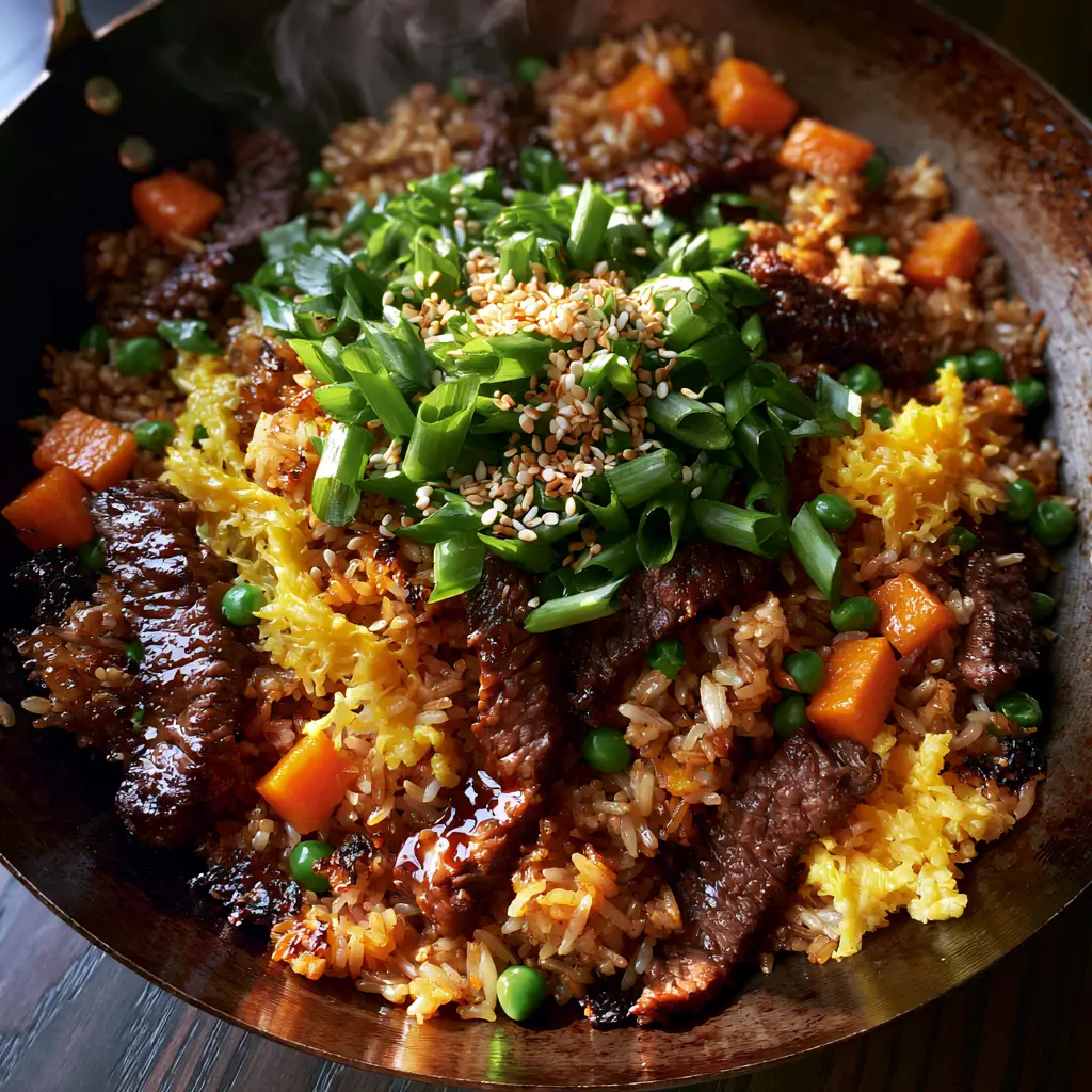 High-angle view of beef fried rice with ribbons of egg, bright peas, and fresh scallion garnish. (beef fried rice)