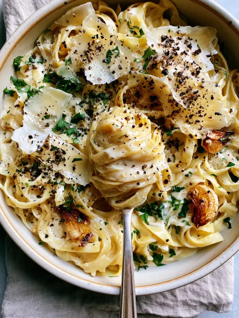 Golden-brown roasted garlic cloves nestled between pasta strands in a 20-minute pasta dish.