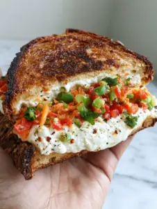 Handheld smartphone photo of a Dahi Sandwich with a thick-cut artisanal sourdough crust and vibrant vegetable filling. (Dahi Sandwich)