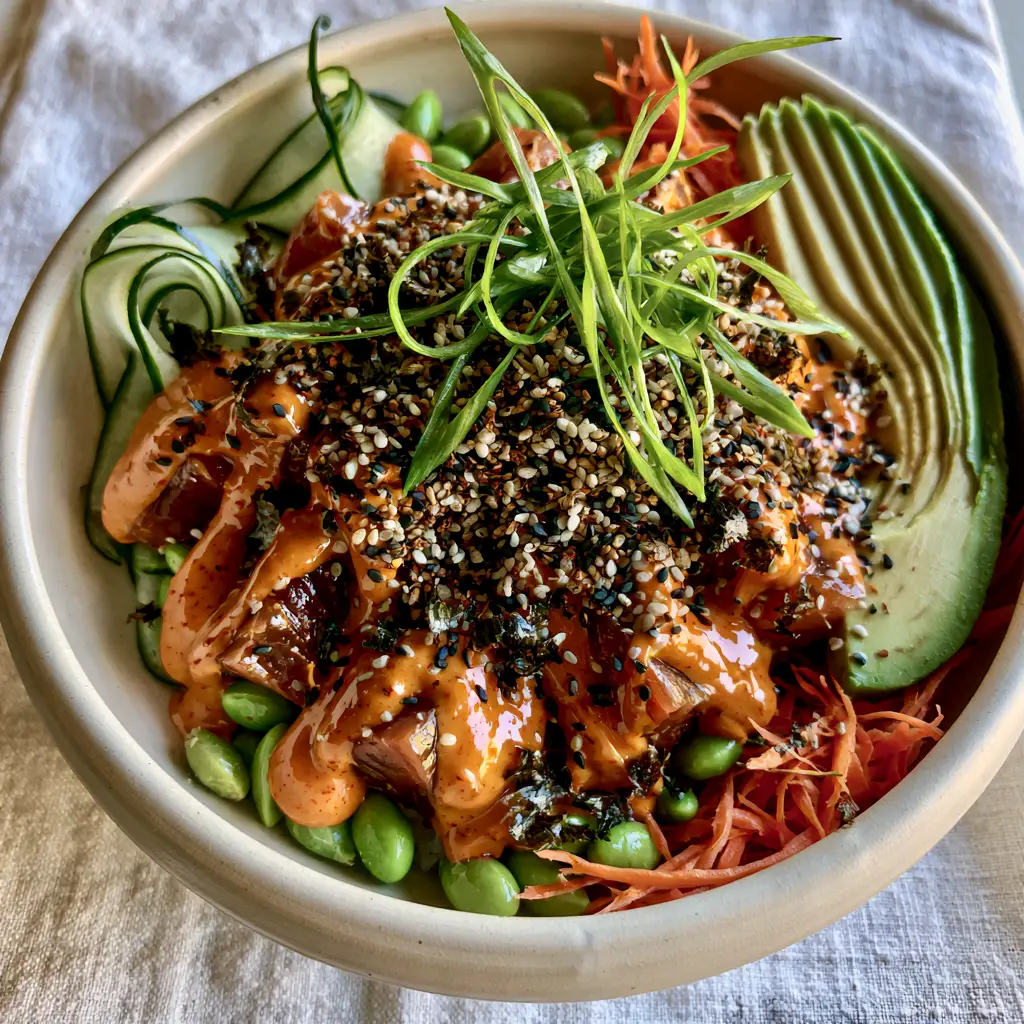 Overhead view of a tuna avocado bowl with vibrant carrots, edamame, and glossy orange spicy sauce.