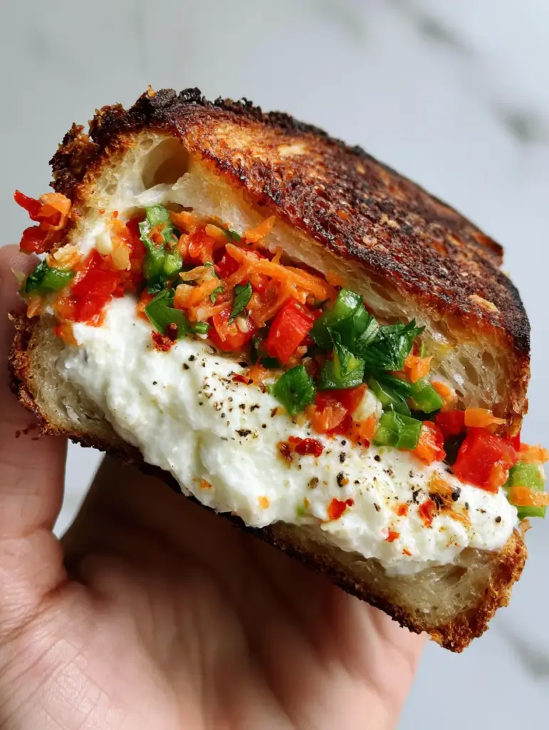 Close-up of the opaque white hung curd filling overflowing with red peppers and cilantro in a Dahi Sandwich.
