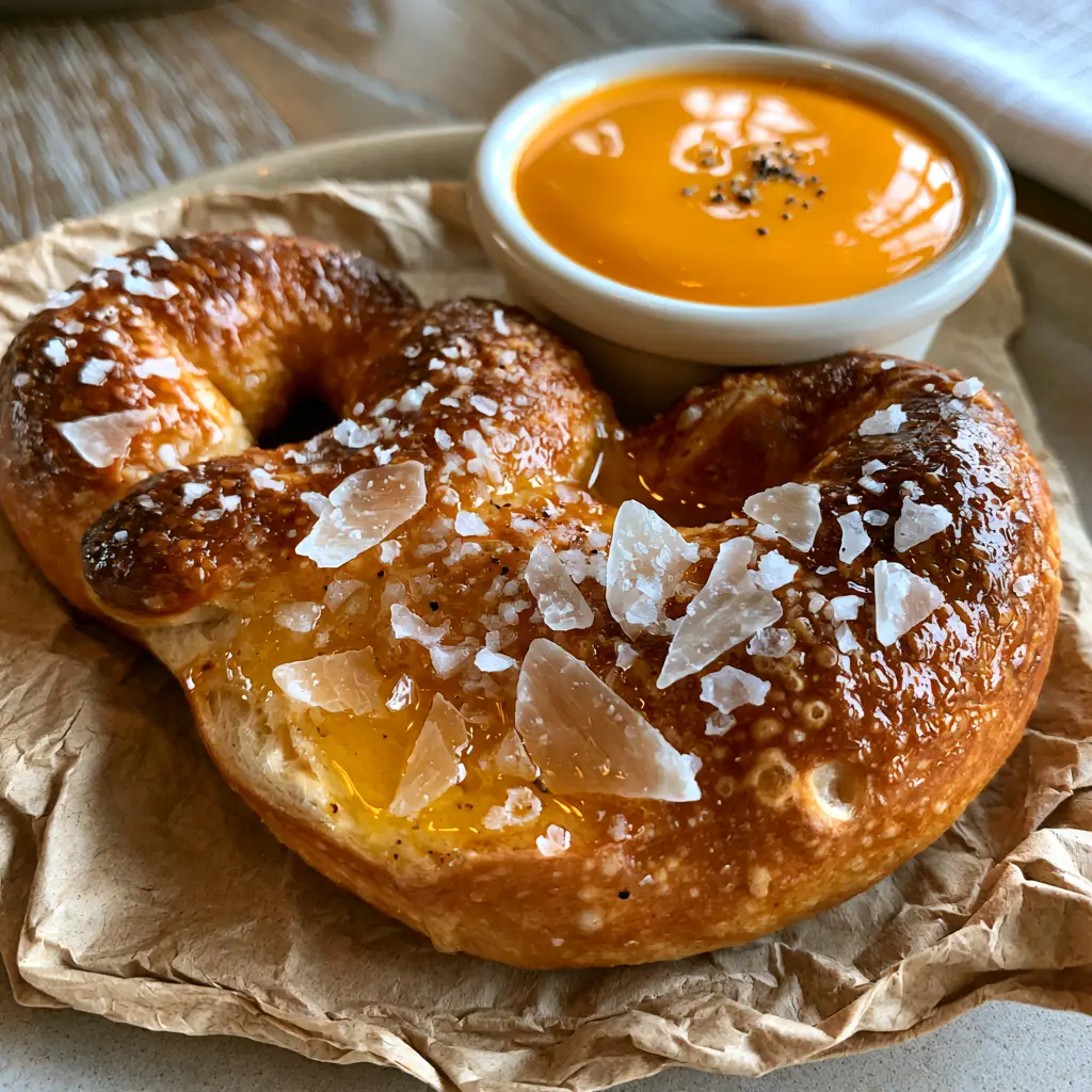Mickey pretzel next to a ramekin of thick glossy orange cheddar cheese sauce with cracked black pepper.
