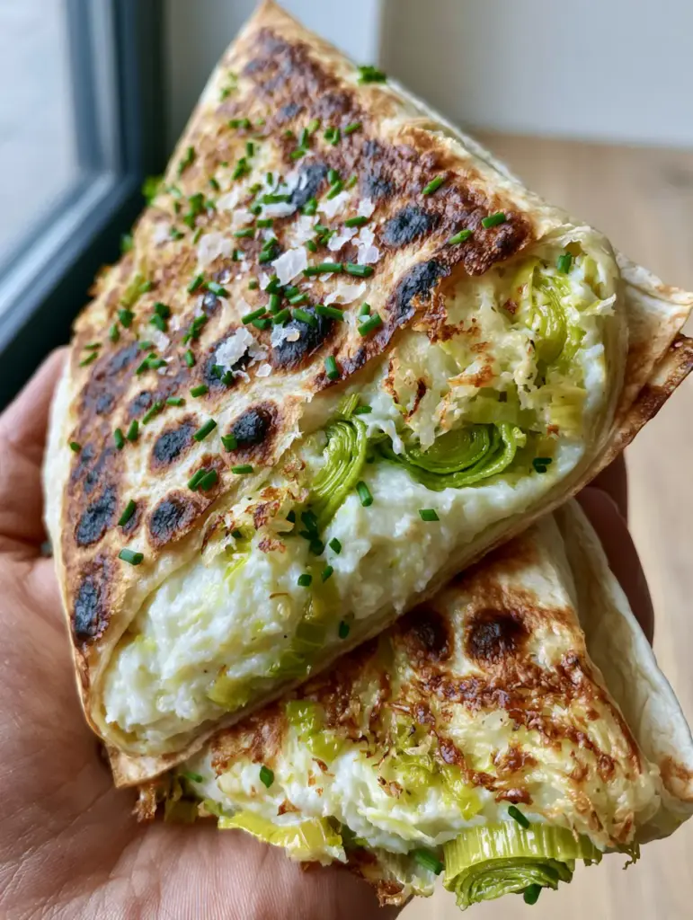 Leek and Potato Wraps with Crispy Toasted Tortillas 1 Slicing a leek and potato wrap at an angle to reveal velvet-smooth mashed potatoes and sautéed leeks.