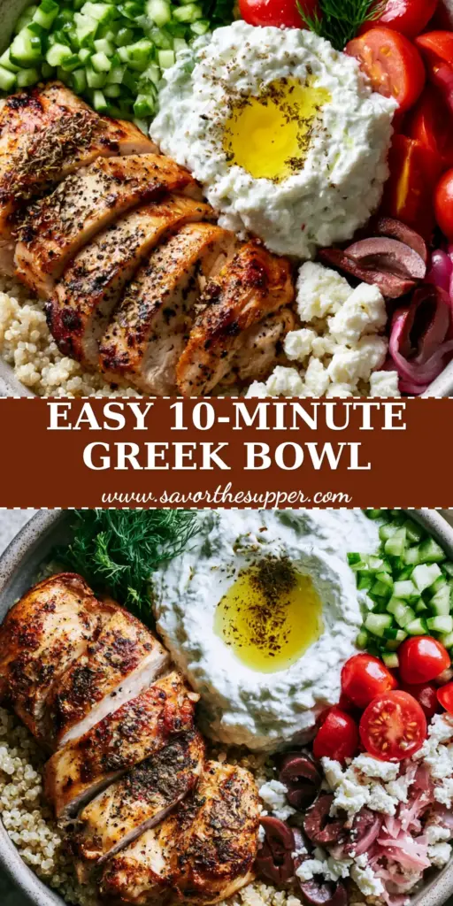 A top-down shot of a Greek Chicken Bowl with seared chicken, quinoa, and tzatziki in a ceramic bowl. (Greek chicken recipes)