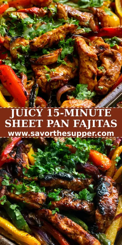 A rustic dark metal sheet pan filled with sizzling charred Chicken Fajitas, featuring vibrant bell peppers and lime wedges. (Chicken Fajitas Recipe)