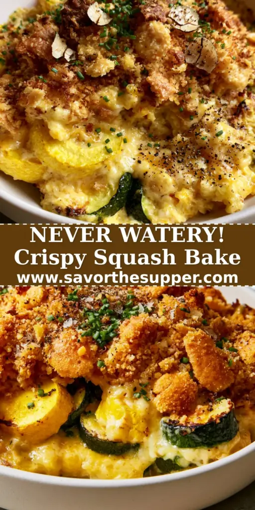 A scooped portion of Yellow Squash and Zucchini Casserole showing charred vegetable rounds and a thick, jagged golden cracker topping on a white plate.