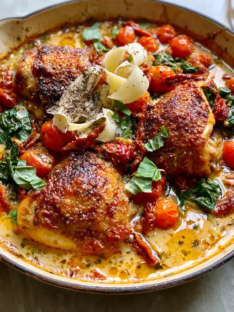 Quick Dinner Recipes: One-Pan Creamy Tuscan Garlic Chicken with Blistered Tomatoes 2 Rustic cast iron skillet with crispy seared chicken thighs in a glossy garlic cream sauce. (quick dinner recipes)