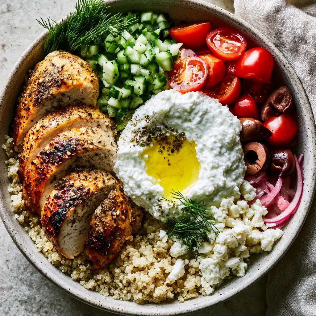 Overhead view of a complete Greek chicken power bowl on a stone surface. (Greek chicken recipes)