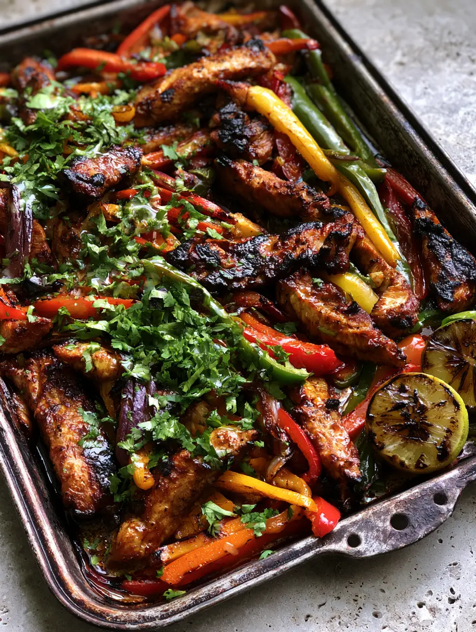 Close-up hero shot of succulent chicken strips with amber marinade and charred red, yellow, and green bell peppers. (Chicken Fajitas Recipe)