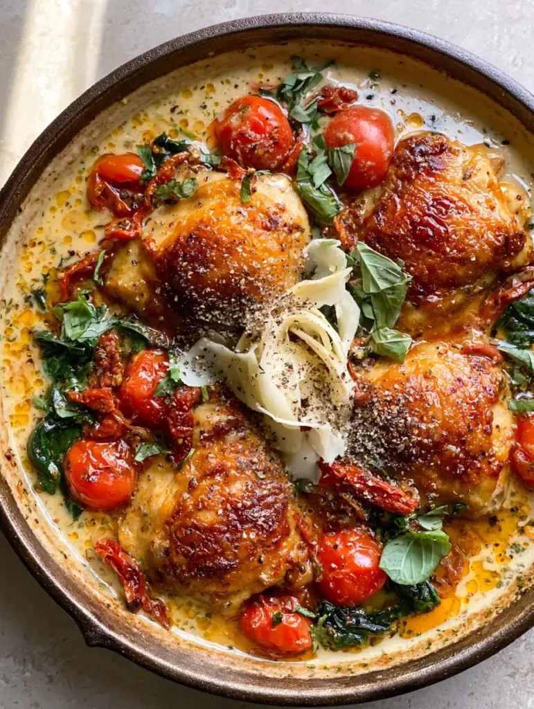 Quick Dinner Recipes: One-Pan Creamy Tuscan Garlic Chicken with Blistered Tomatoes 1 Close up of blistered cherry tomatoes and shaved parmesan on Tuscan chicken. (quick dinner recipes)