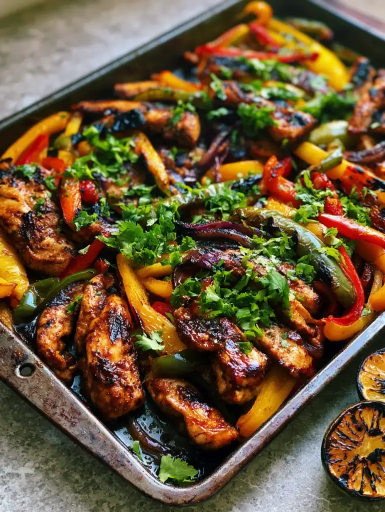 Authentic charred bell peppers and caramelized onions on a dark metal pan with fresh cilantro. (Chicken Fajitas Recipe)