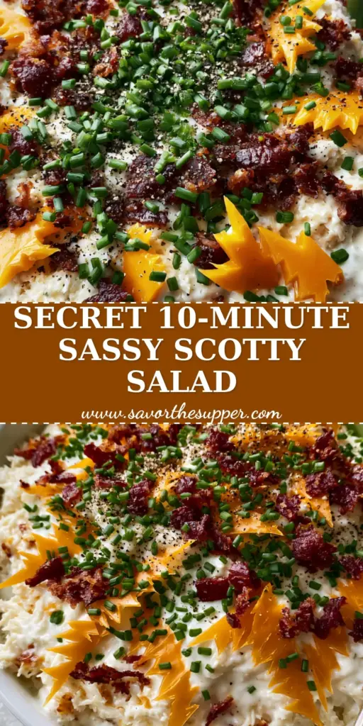 A handheld smartphone photo of a white ceramic bowl filled with fine-shredded Sassy Scotty chicken salad topped with bacon crumbles, cheddar shards, and chives.