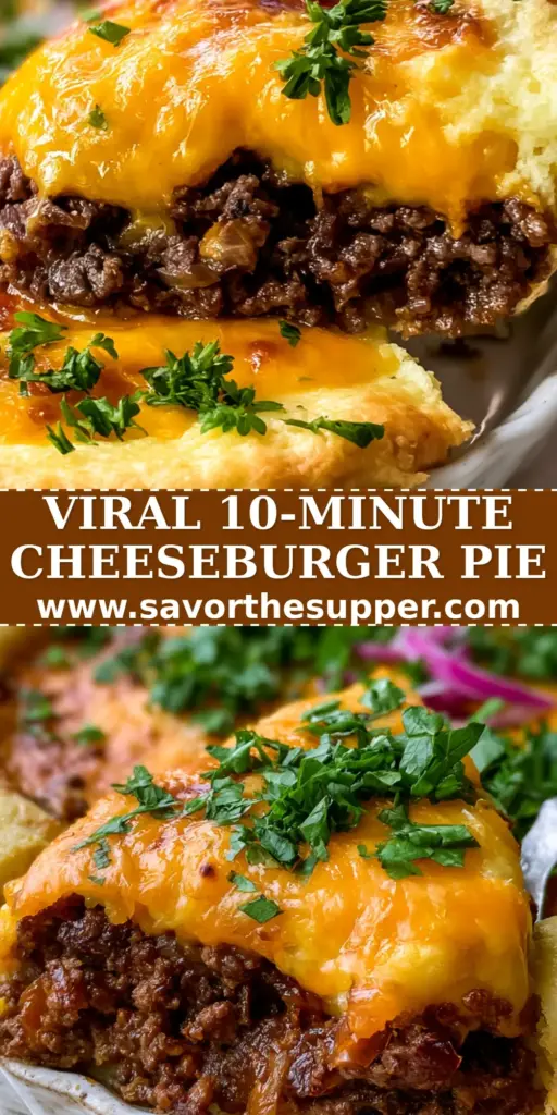 A Pinterest pin for the Cheeseburger Pie recipe featuring a golden fluffy crust and melted cheddar cheese in a white tart dish.