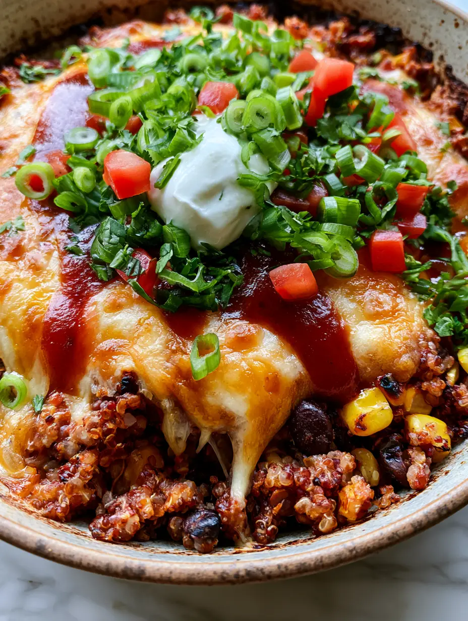 Extreme close-up of Taco Quinoa Casserole showing long cheese pulls, charred corn kernels, and glossy red enchilada sauce.