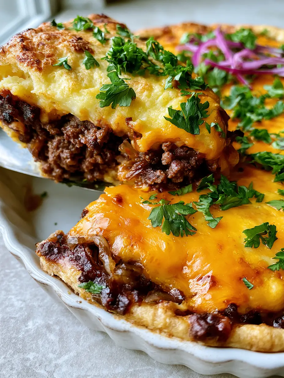 Close-up of a slice of Cheeseburger Pie being lifted, showing browned beef crumbles and gooey melted orange cheddar. (Cheeseburger Pie recipe)