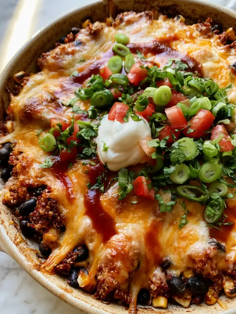 Overhead view of a Taco Quinoa Casserole in a ceramic pan with diced roma tomatoes and a dollop of sour cream.