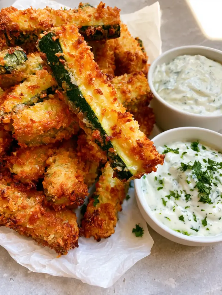 Baked Parmesan Zucchini Fries with Creamy Dill Ranch 2 High-angle close-up of Baked Parmesan Zucchini Fries showing jagged panko crust and green interior.