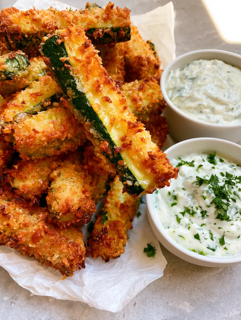 Baked Parmesan Zucchini Fries with Creamy Dill Ranch 4 High-angle close-up of Baked Parmesan Zucchini Fries showing jagged panko crust and green interior.