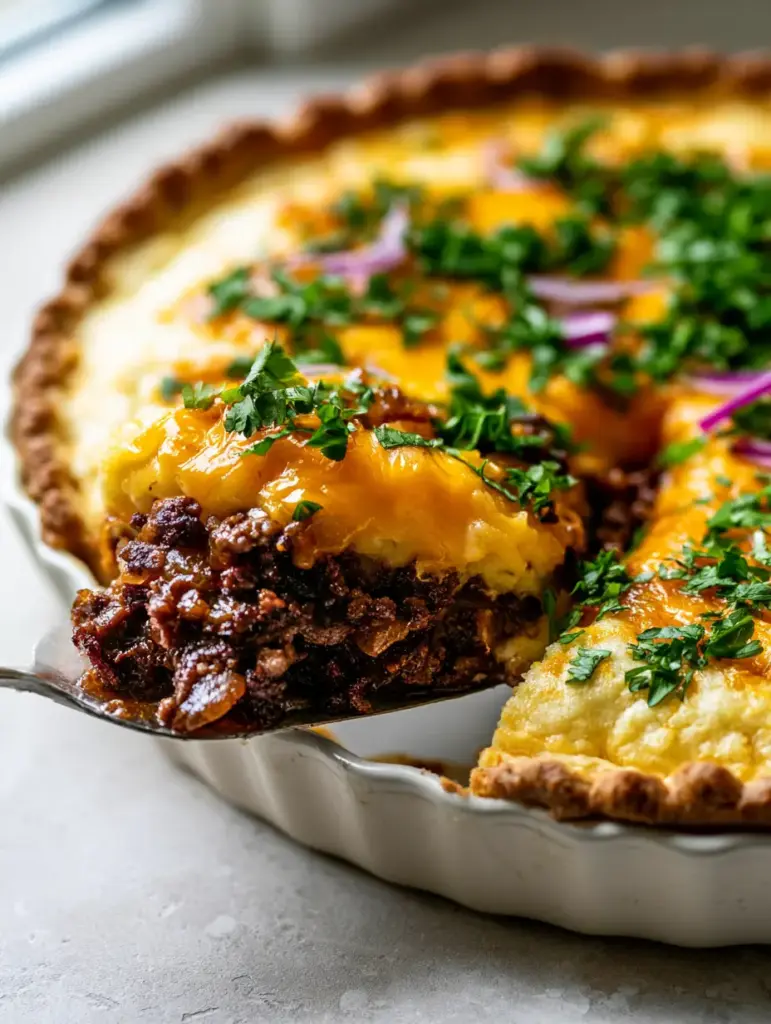A freshly baked Cheeseburger Pie in a white ceramic dish garnished with parsley and red onion slivers. (Cheeseburger Pie recipe)