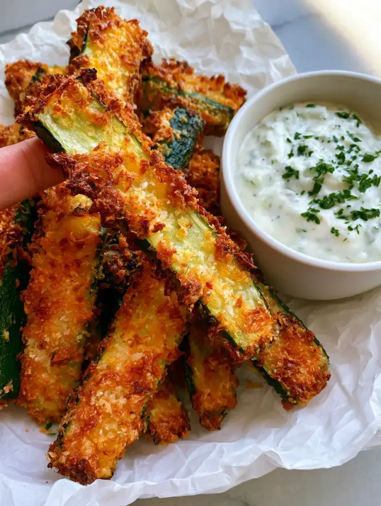 Baked Parmesan Zucchini Fries with Creamy Dill Ranch 1 A close-up shot of Baked Parmesan Zucchini Fries being dipped into a creamy herb ranch sauce.