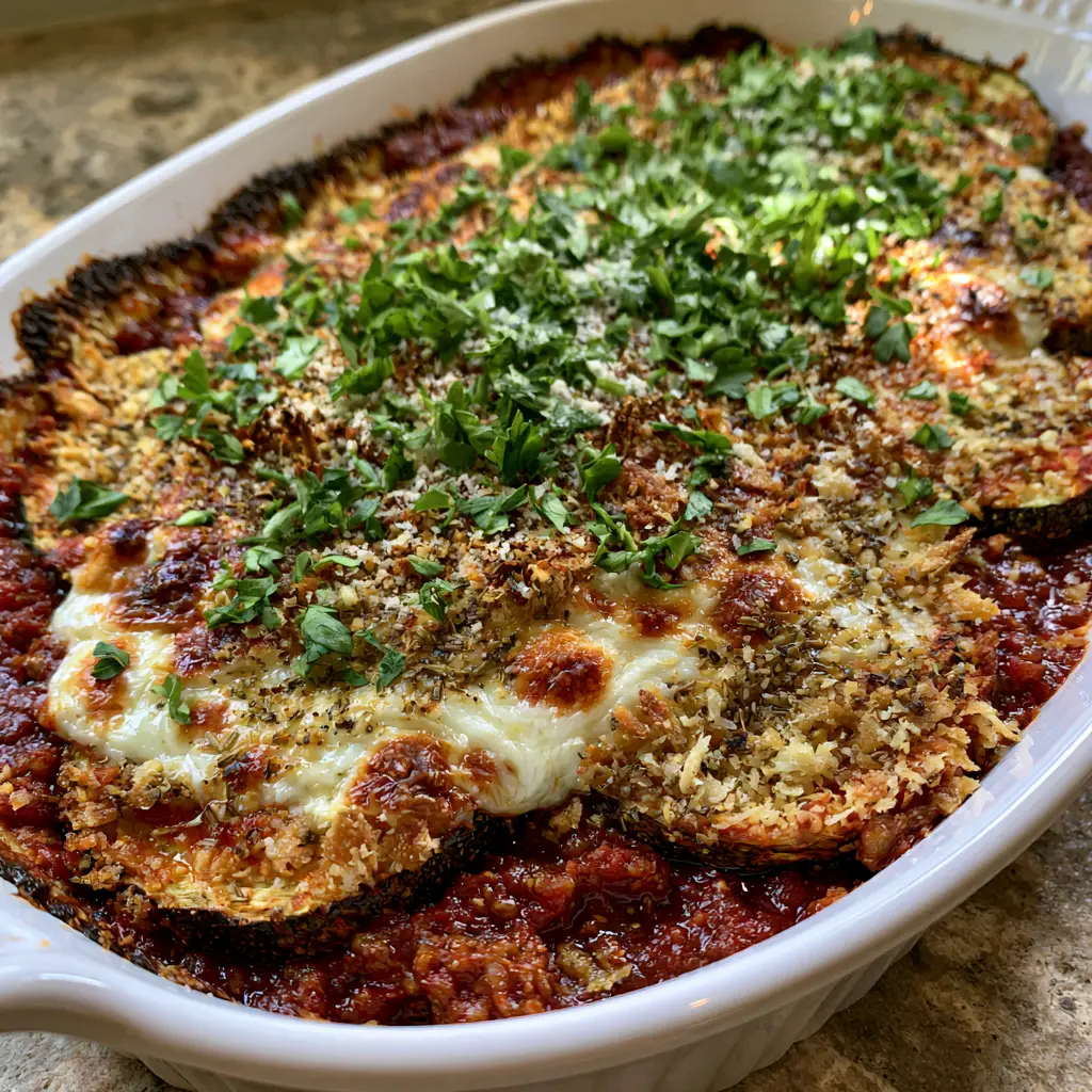 Baked Zucchini Parmesan Casserole with Crispy Panko Crust 2 A smartphone photo of Baked Zucchini Parmesan Casserole featuring charred zucchini edges, chunky red sauce, and heavily encrusted panko breadcrumbs. (Baked Zucchini Parmesan Casserole)