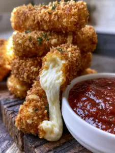Close-up handheld photo of golden brown mozzarella sticks showing crunchy panko texture and parsley flecks. (mozzarella sticks recipe)