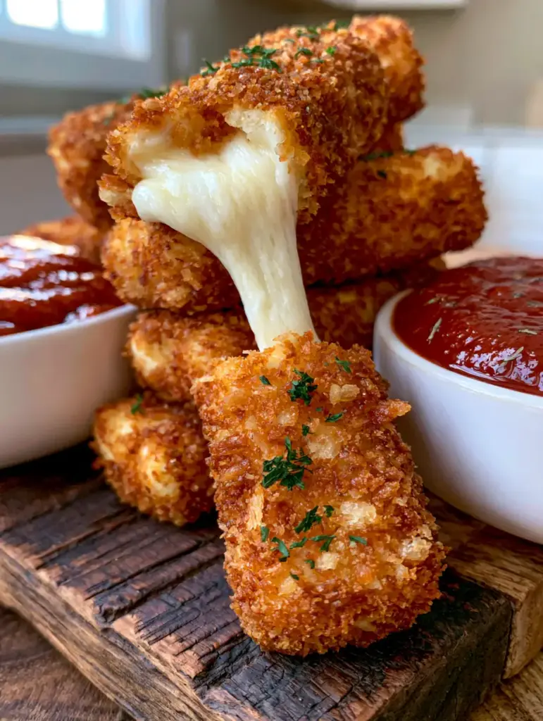 Mozzarella Sticks Recipe: The Ultimate Guide to Crunchy Panko Perfection 1 A broken mozzarella stick showcasing an epic stretchy cheese pull reaching toward the camera.