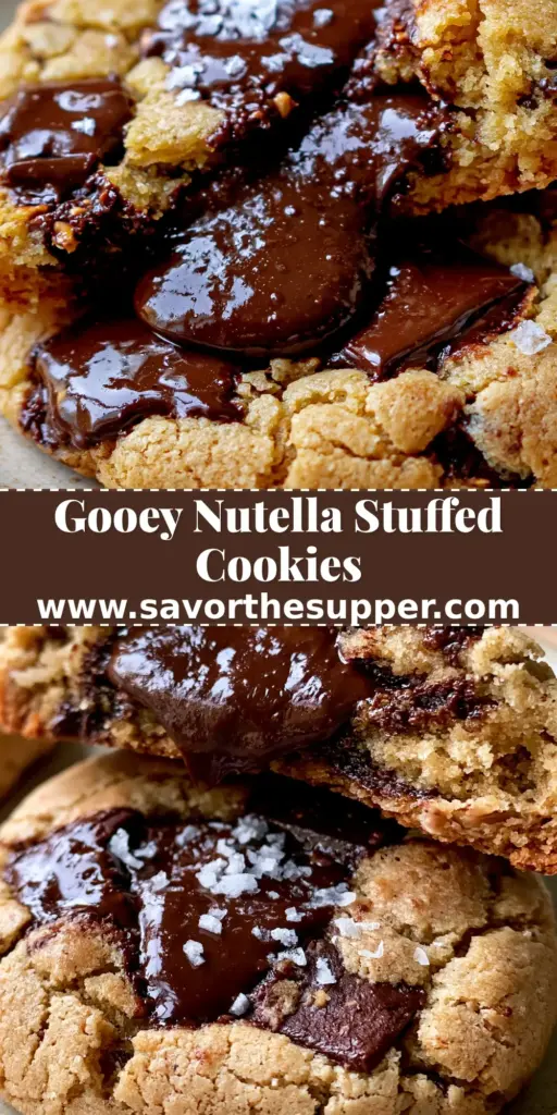 A close-up of warm chocolate stuffed cookies being pulled apart to reveal a molten hazelnut center with flaky sea salt on a rustic plate.