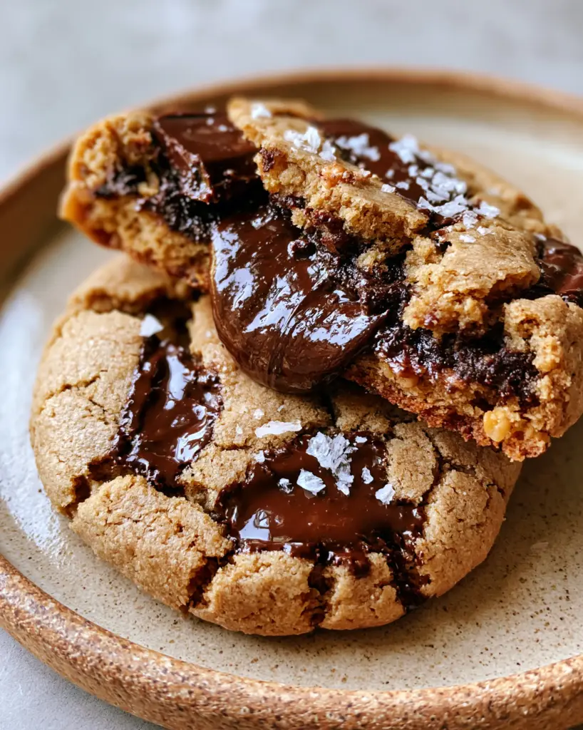 A warm chocolate stuffed cookie pulled in half showing thick molten dark brown hazelnut cocoa spread and melted dark chocolate chunks.