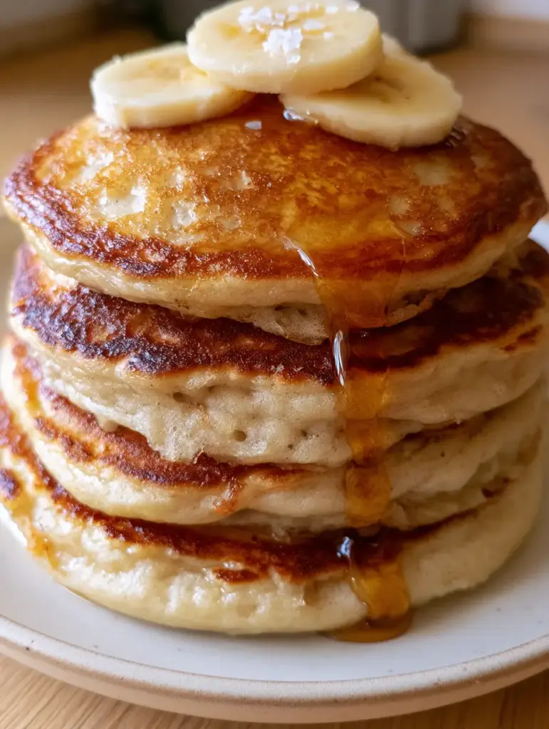 A steaming stack of pancakes on a matte cream plate with coarse sea salt and banana coins. (banana pancakes recipe)