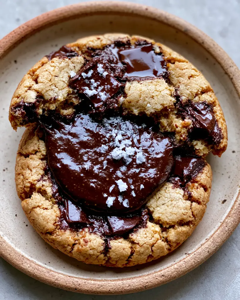 Freshly baked chocolate stuffed cookies with golden brown cracked crusts and pools of melted dark chocolate chunks.