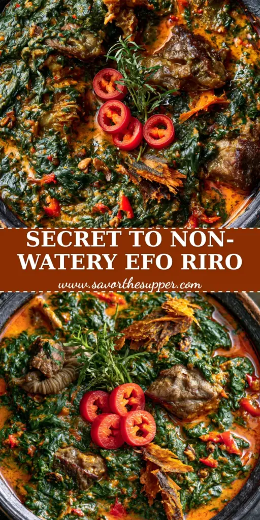 A top-down close-up of Nigerian Spinach Stew (Efo Riro) in a black bowl featuring beef, tripe, and a side of pounded yam.